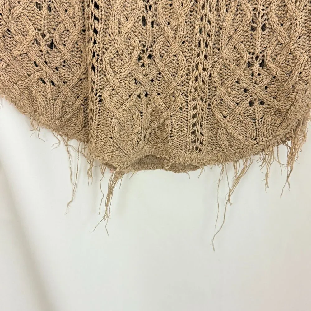 FREE PEOPLE Cross My Heart Knit Tunic Sweater XS Fringe Oversized Tan EUC B72